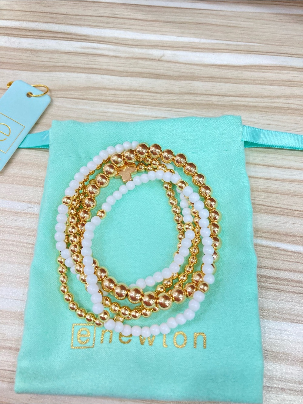 Newton Gold and White Beaded Stretch Bracelet Stack